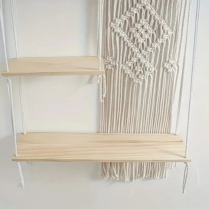 Stylish wall-mounted shelf made from cotton rope
