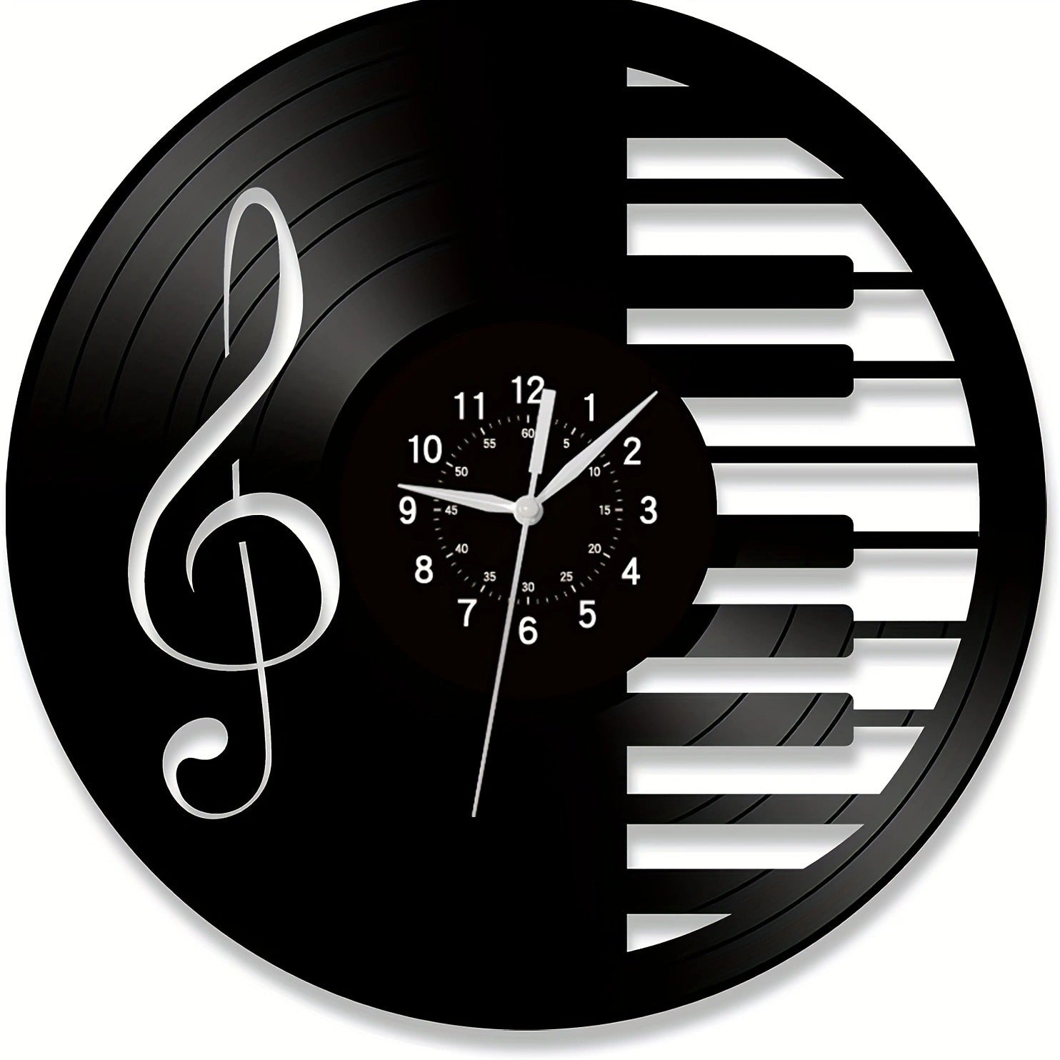 Luminous hands of the black vinyl wall clock at night